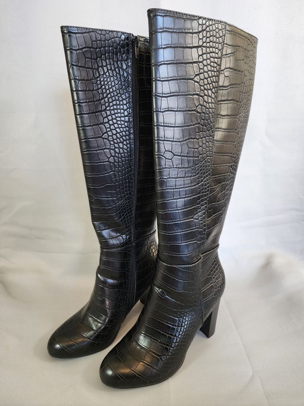 Croc-Embossed Knee-High Block Heel Boots - Black